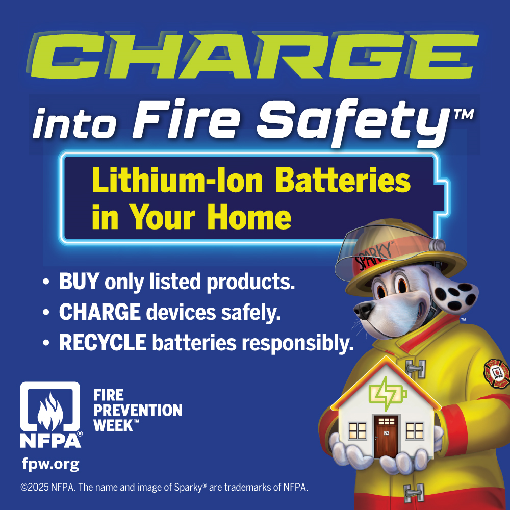 Promotional graphic for NFPA’s Fire Prevention Week featuring Sparky the Fire Dog holding a house with a lithium-ion battery symbol. Text highlights safety tips: buy listed products, charge safely, and recycle responsibly.